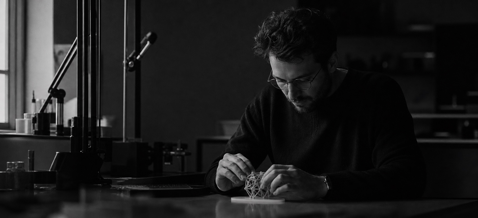 A researcher handling a small tactile prototype in a quiet lab